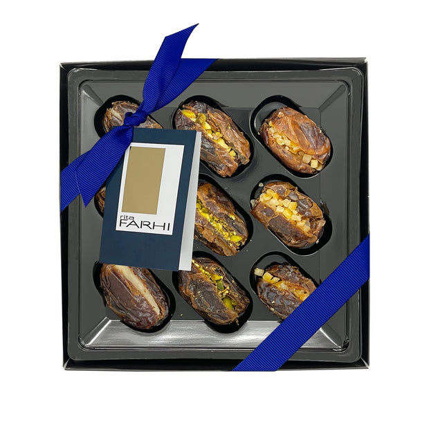 Luxury Chocolate Dipped & Assorted Fruit and Nut Stuffed Date Selection, Gift Giving RJF Farhi Festive Dates with Blue Tag and Ribbon 