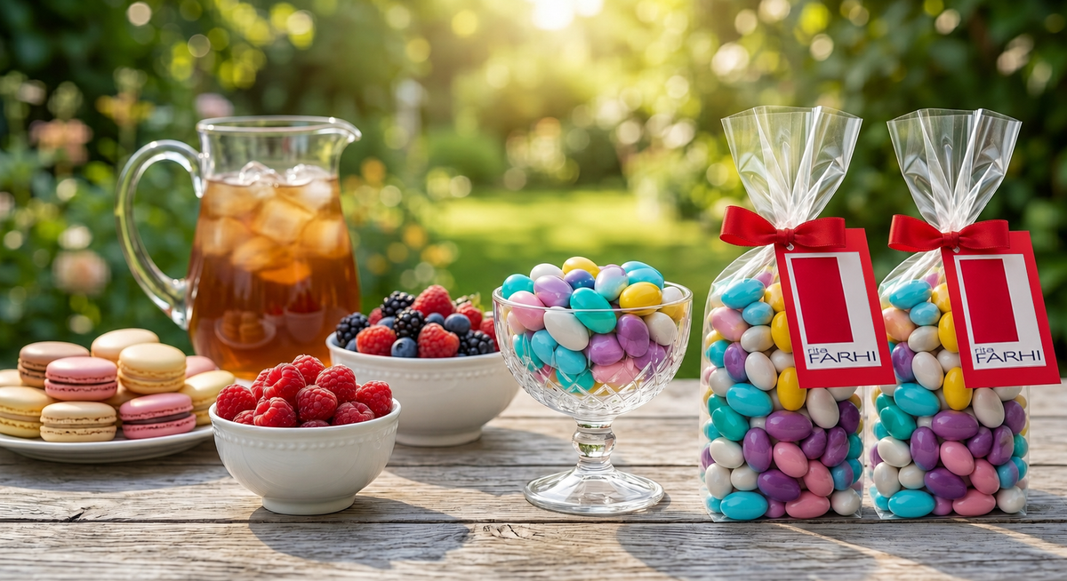 Rita Farhi Pastel Sugared Almonds on Summer table for munching