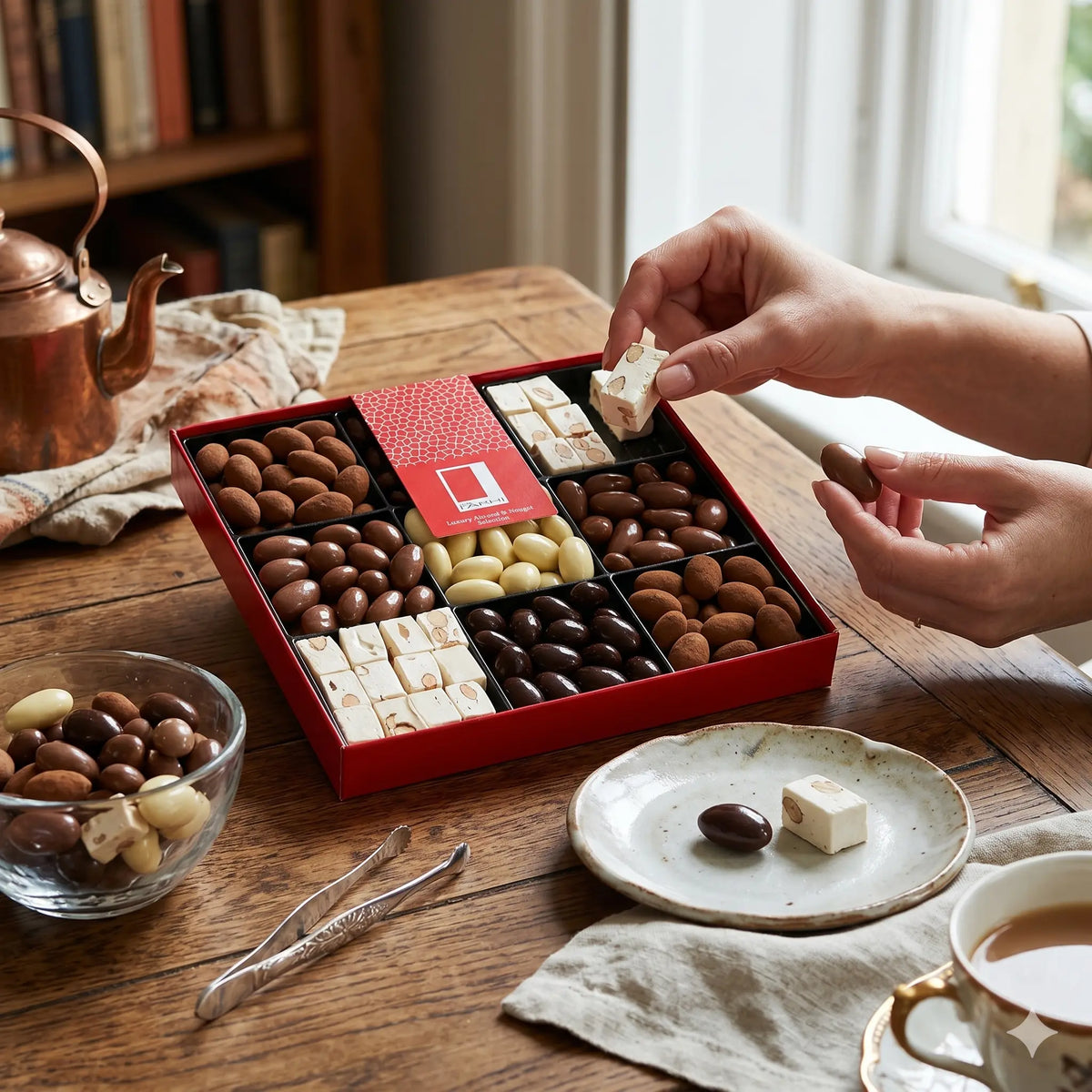 Person eating rita farhi chocolate from table 