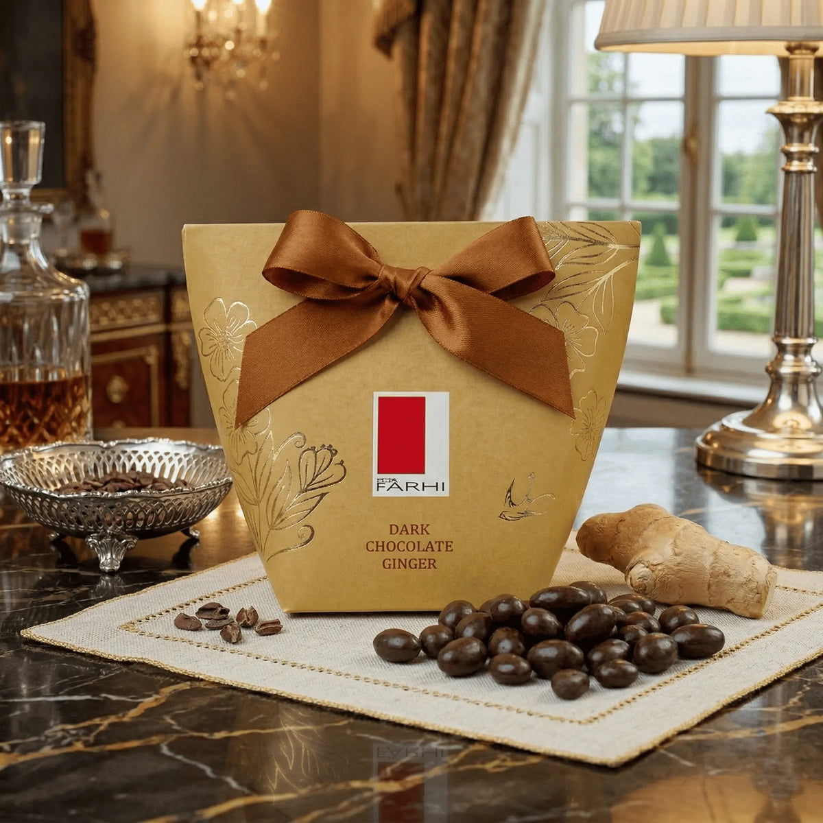 Dinner Party host displaying dark ginger Farhi chocolate 