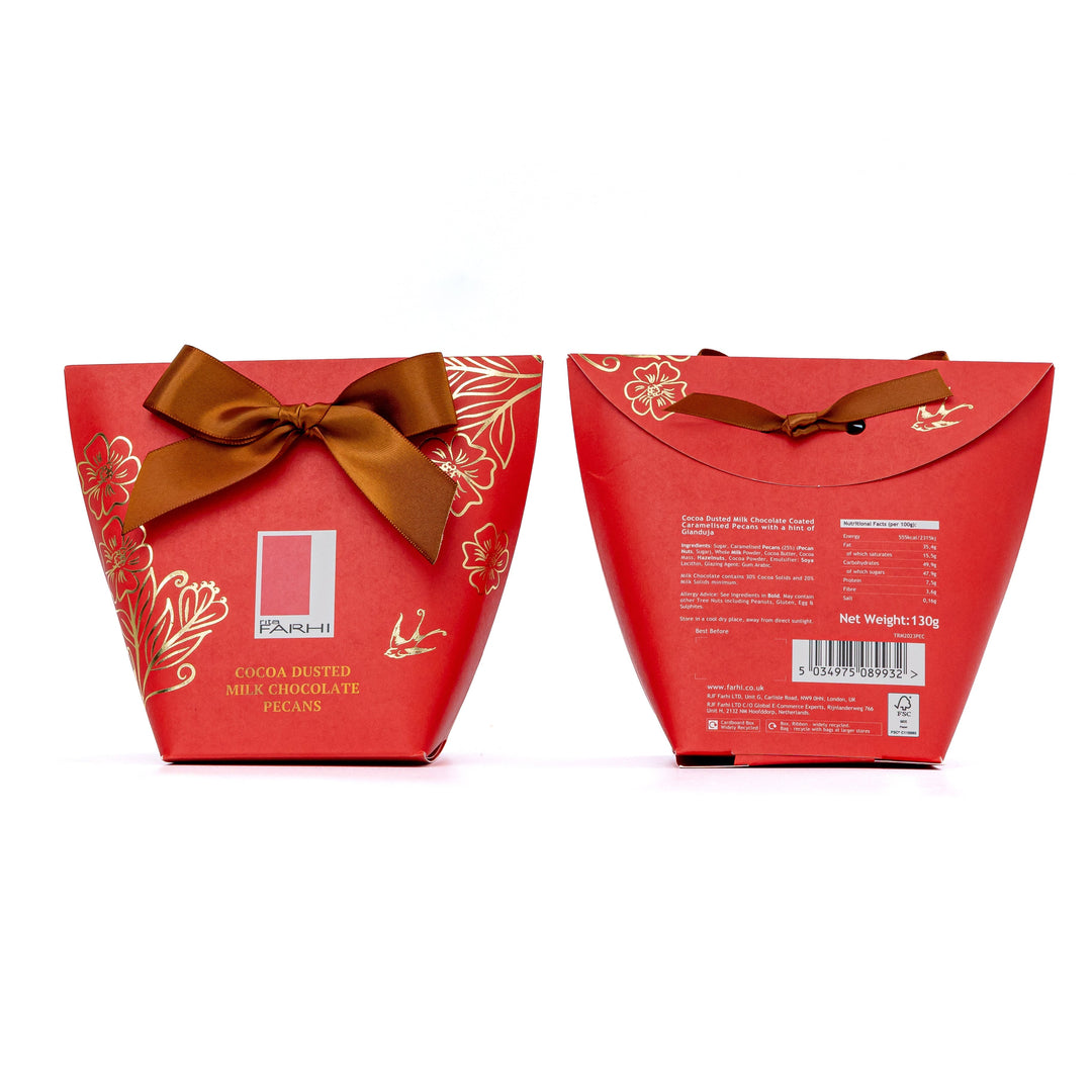 Cocoa Dusted Milk Chocolate Pecans in Bow Box, 130g - Rita Farhi