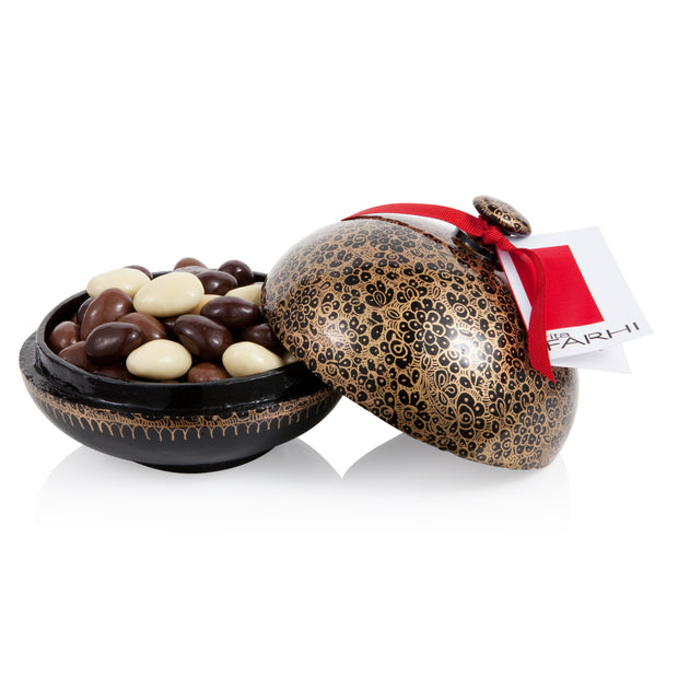 Rita Farhi Milk, Dark and White Chocolate Coated Almonds in a Hand Made Papier Mache Bonbonnière Rita Farhi 