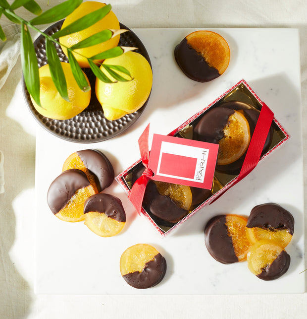 Two Way Dark Belgian Chocolate Dipped Orange and Lemon Gift Box Gift Giving RJF Farhi 