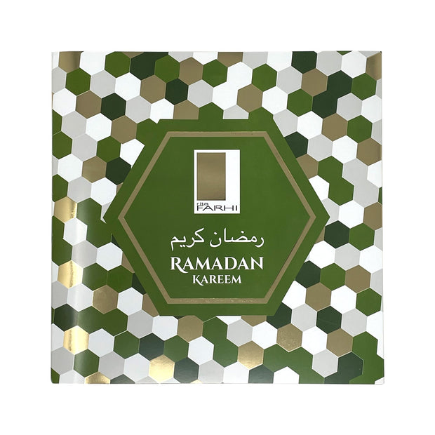 Ramadan, Eid Special Luxury Chocolate Dipped & Assorted Fruit and Nut Stuffed Date Selection, 720g Gift Giving RJF Farhi Festive Ramadan Mubarak Green Gold Foiled Honeycomb Sleeve 