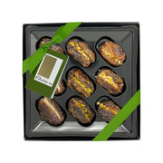 Luxury Chocolate Dipped & Assorted Fruit and Nut Stuffed Date Selection, Gift Giving RJF Farhi Festive Dates with Green Tag and Ribbon 
