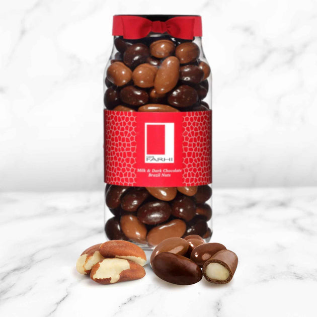 Milk and Dark Chocolate Coated Brazil Nuts, Luxury Gift Jar, Palm Oil