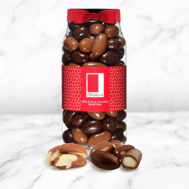 Milk and Plain Chocolate Coated Brazil Nuts in a Gourmet Gift Jar RJF Farhi 